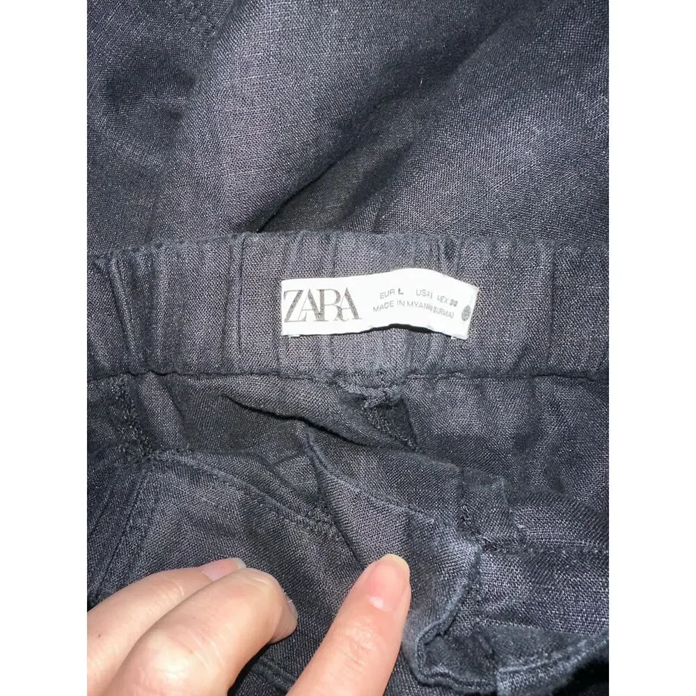Zara 100% Linen Black high rise cropped pants with ties size large